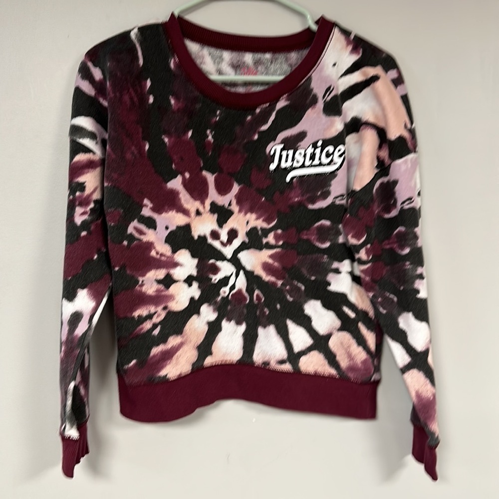 Girls' Justice maroon and dark gray tie-dye sweatshirt, logo in great shape!, L